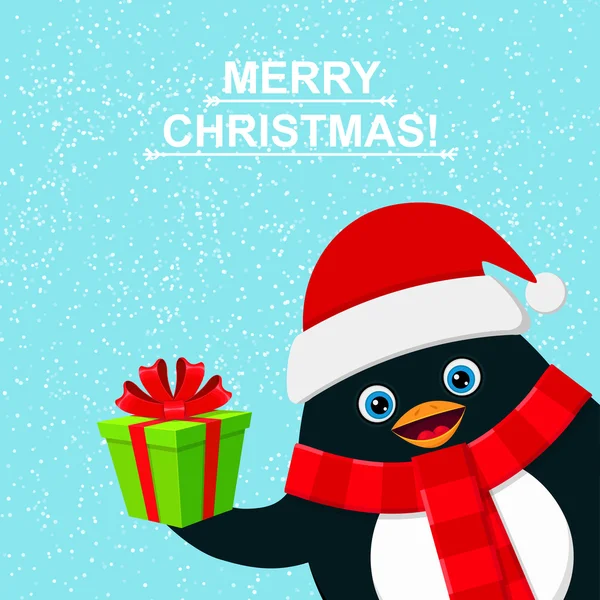 Cute penguin with gift box and felicitation Merry Christmas — Stock Vector