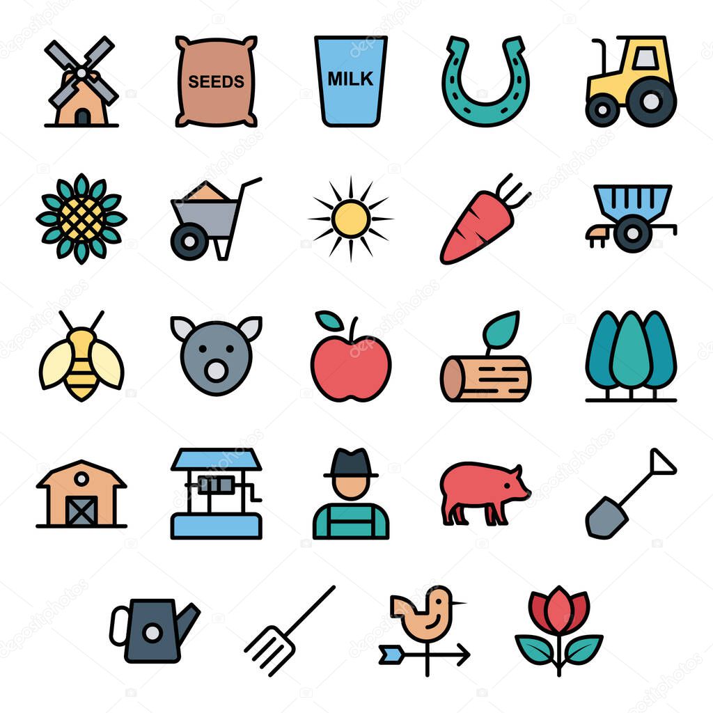 Filled outline icons for agriculture, farming gardening.