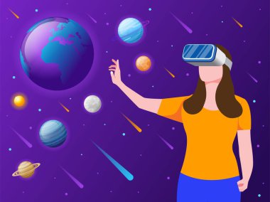VR teknolojisi kullanılarak uzay ortamı deneyimleyen kız