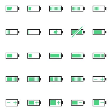 Bataryayla ilgili bir sürü ikon. Saf enerji, elektrik ve şarj teması.