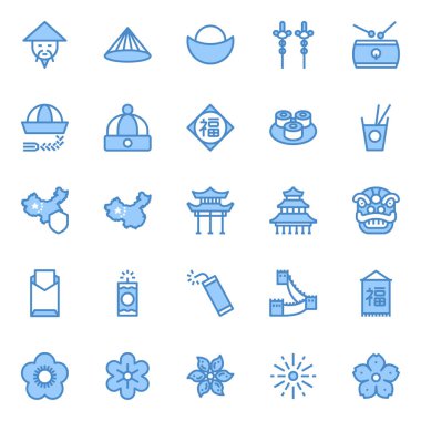 Çin kültürü için mavi taslak simgeleri doldurdu.