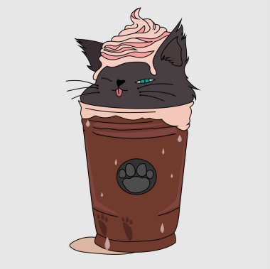 İllüstrasyon karakteri yaz tatili ve plajda parti için smoothie içinde şirin kedi tasarımı. Çizgi film stili.