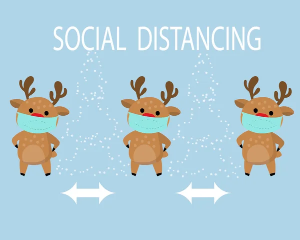 Covid Social Distancing Infographic Cute Christmas Cartoon Character Reindeer Surgical — Stock Photo, Image