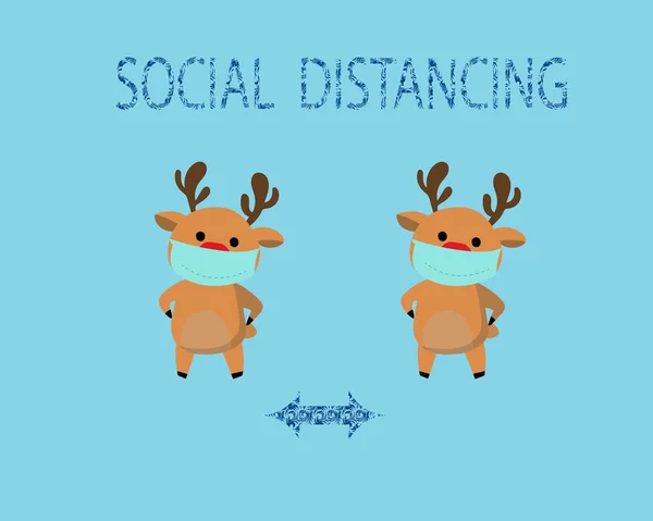 COVID-19 and social distancing infographic with cute Christmas cartoon character. Reindeer with surgical mask in flat style. Corona virus protection
