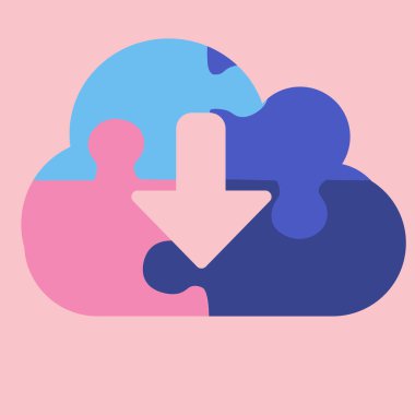 Bilgisayar yapboz simgesi. Vektör çizimi, düz tasarım. Renkler mavi ve pembe