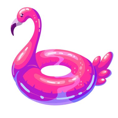 Flamingo şeklinde yüzme yüzüğü. Lastik şişirilebilir pembe flamingonun çizgi film çizimi. Beyaz arkaplanda vektör illüstrasyonu