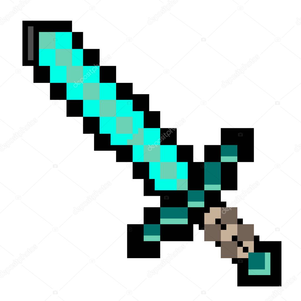 Colored pixel sword on a white background. A pixelated eight-bit sword  in the style of modern games. Vector illustration