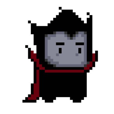 Vampir, Dracula karakteri piksel resim ikonu. Logo, çıkartma, ağ, nakış ve mobil uygulama için element tasarımı. İzole vektör çizimi. 8-bit peri..
