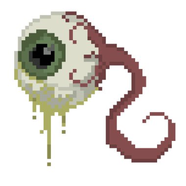 Uzay göz pikseli sanatı. Göz küresi uzayda uçuyor. Renkli eski oyun biçimi 8-bit