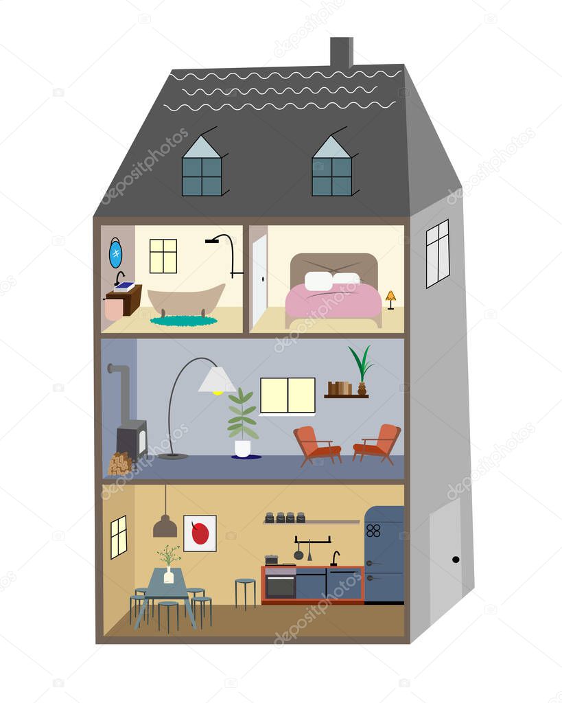 Illustration of a Big Open Doll House Showing Different Rooms Inside from Bedroom, Stairs, Sitting Room and Office. Vector