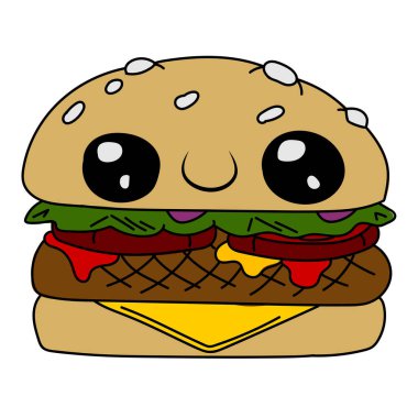 Fast food, hamburger. Gülen gözlerle çizilmiş komik bir hamburger. Mutlu gülümseyen komik burger. Düz çizgi film karakteri çizim ikonu tasarımı. Duvar kağıdı ve davet için renkli şablon.
