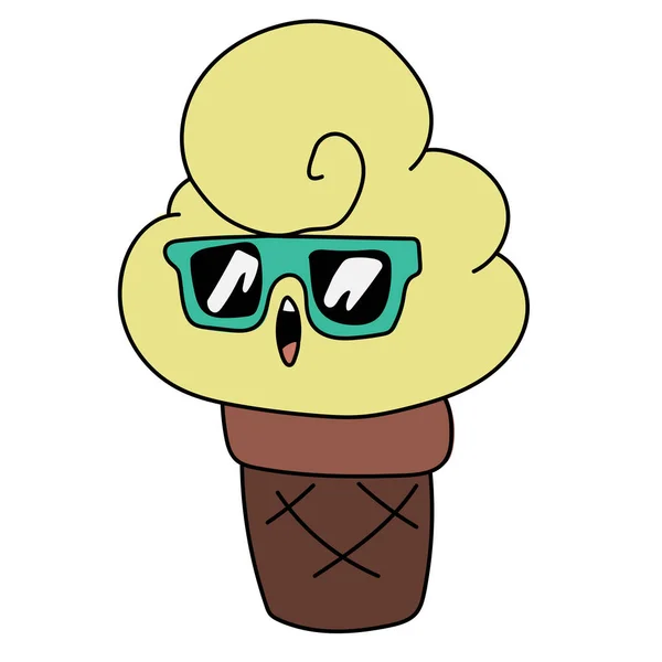 Vector Illustration Ice Cream Waffle Cone Ice Cream Sunglasses — Διανυσματικό Αρχείο