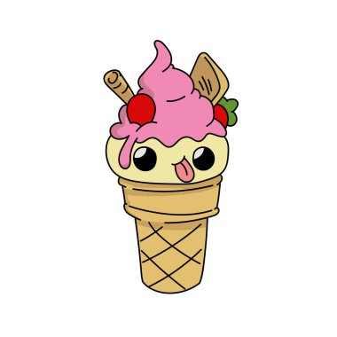 Beyaz arkaplanda küçük dondurma yiyen gradyan karakter dondurmasının vektör renkli çizimi. Komik dondurma. Dondurma posterinin düz stil el çizimi sanat tasarımı