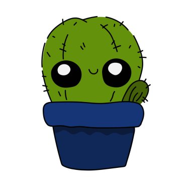 Beyaz arka planda mavi kartı selamlıyorum. Tencerede çiçek olan kaktüs. İyi günler dilerim. Vektör