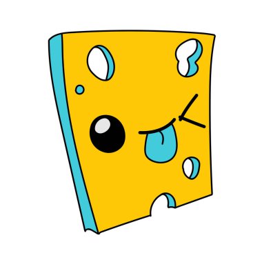 Beyaz arkaplan vektör illüstrasyonunda izole edilmiş şirin peynir dilimi çizgi film karakteri. Komik mandıra ürünü yüz simgesi. Neşeli gülümseme çizgi filmi süt yiyeceği, komik çedar peyniri maskotu sembolü.