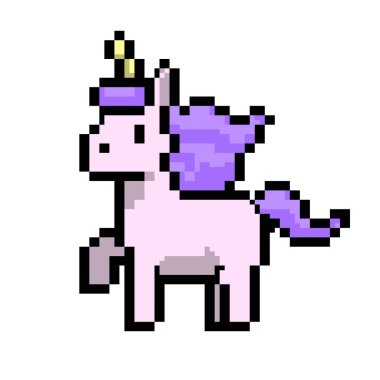 Tek boynuzlu atlarla hayali oyun pikseli sanat eserleri. Vektör