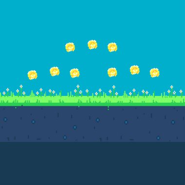 Açık hava manzaralı pikseller tasarımı. Oyun tasarımı için renkli piksel atari ekran. Düğme seviyeli pankart. Oyun tasarımı konsepti. Vektör illüstrasyonu.