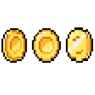 8-bit piksel grafik simgeleri seti. İzole vektör çizimi. Oyun sanatı. Canlandırma için altın sikkeler