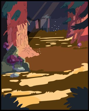 Çizgi film arka planı, yaprak döken ağaçların olduğu doğa manzarası gövdelerdeki yosunlar ve mantarlar yeşil çimenler, çalılar ve yerdeki güneş ışığı noktaları. Manzara görünümü, yaz vektör illüstrasyonu