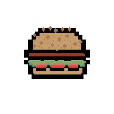 Pikselburger burger, karikatür, retro oyun tarzı. Şirin vektör 