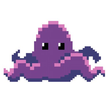 Pikselli deniz ahtapotu. Şirin vektör illüstrasyonu.