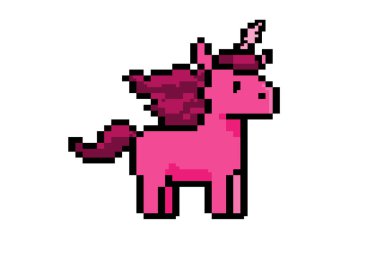Fantasy game pixel art assets with pink unicorns. Vector