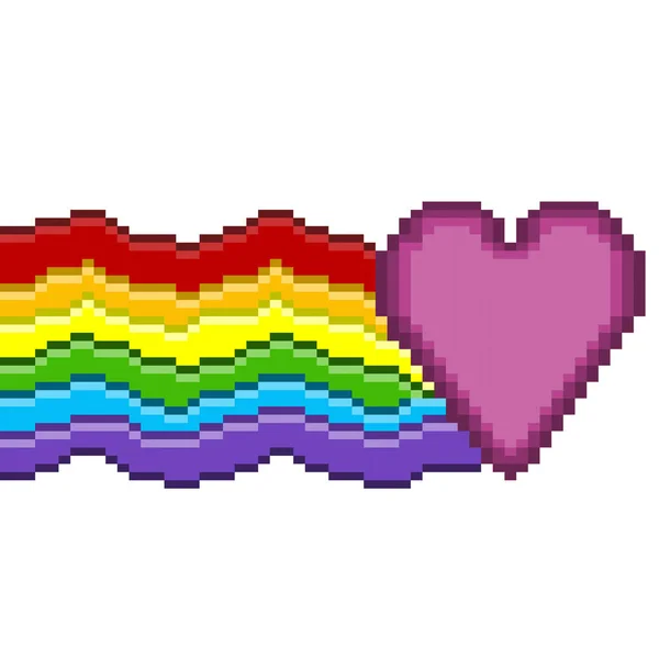 虹色の尾を持つピクセルアートハート バレンタインデー ロマンスと愛のお祝いのためのポストカードカバー ベクトル — ストックベクタ