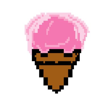 Piksel resim simgesi. Beyaz arka planda izole edilmiş, piksel sanatı tarzında waffle külahında büyük renkli dondurma topları..