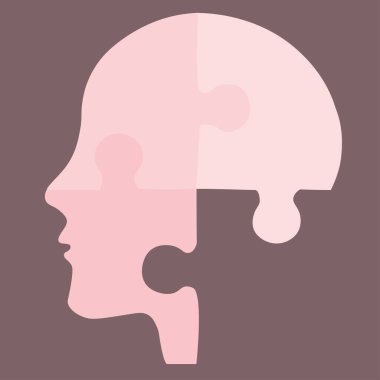 İnsan kafası, yapboz simgesi. Vektör çizimi, düz tasarım. Renkler mavi ve pembe