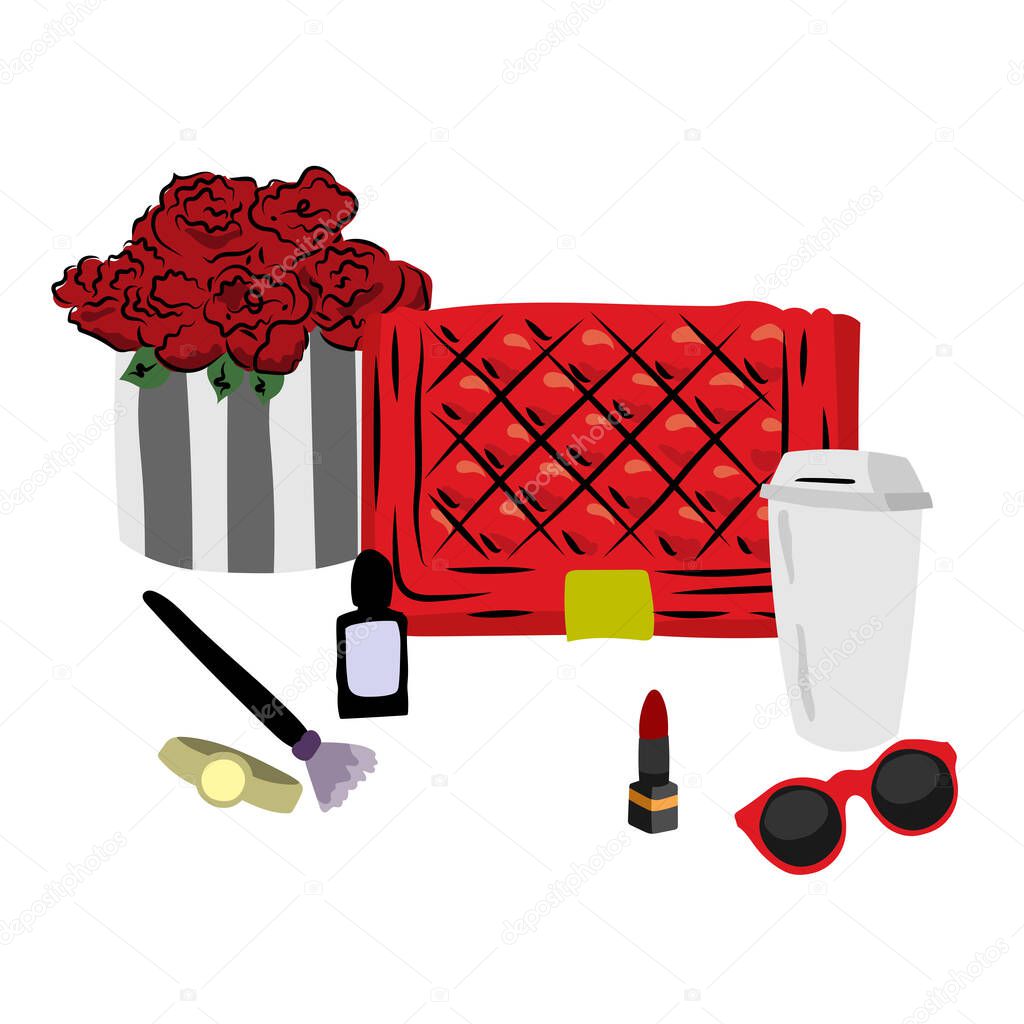 Set of stylish women's accessories. Vector illustration for a card or poster. Print on clothes. Fashion and Style.