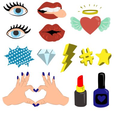 Dudakları, kalpleri, konuşma baloncukları, yıldızları ve diğer elementleri olan modaya uygun simgeler. Beyaz arkaplanda vektör illüstrasyonu vurgulandı. 80-90 'ların karikatür tarzında çıkartmalar, iğneler, yamalar..
