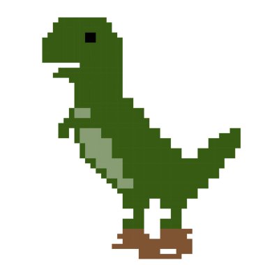 Piksel sanat arka planı, dinozorların doğal manzarası. Mağara adamı, yeşil ejderha, altın sikke ile ağaçların ve bulutların arka planına karşı piksellenmiş sahne. Piksel- oyun 8 bit geri