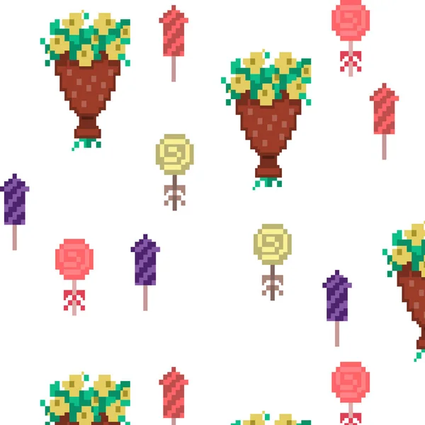 Pixel Art Conjunto Cumpleaños Lindos Iconos Brillantes Fiesta Cumpleaños Ilustración — Vector de stock