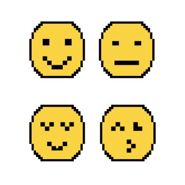 Güzel pikselli emoticonlar. Emoji seti. Gülümseme simgeleri. Piksel sanat vektörü illüstrasyonu.