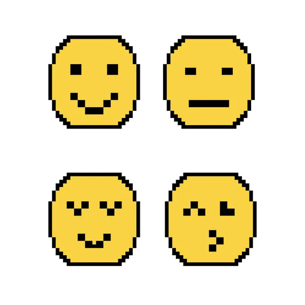 Cute Pixel Emoticons Set Emoji Smile Icons Pixel Art Vector — Stock Vector