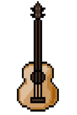 Beyaz zemin üzerinde 8bit oyunu için pikselli gitar enstrümanı. Vektör