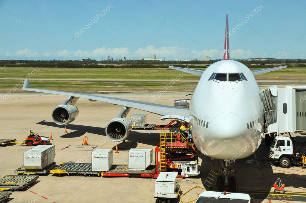 Qantas Boeing 747-400 is being loaded at the Brisbane International Airport, Australia