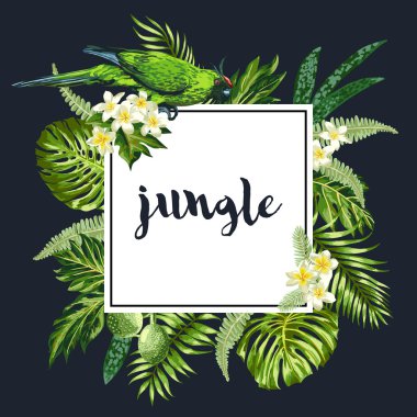 Egzotik papağan, çiçekler ve yapraklar