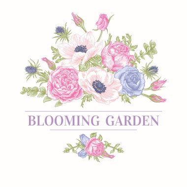 Bir buket çiçek ile Vintage kartı