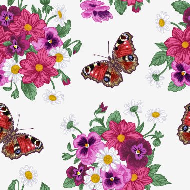 Çiçekler ve kelebeklerle kusursuz desen