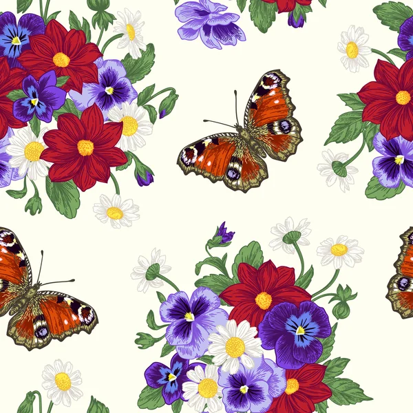 Motif sans couture avec des fleurs et des papillons — Image vectorielle