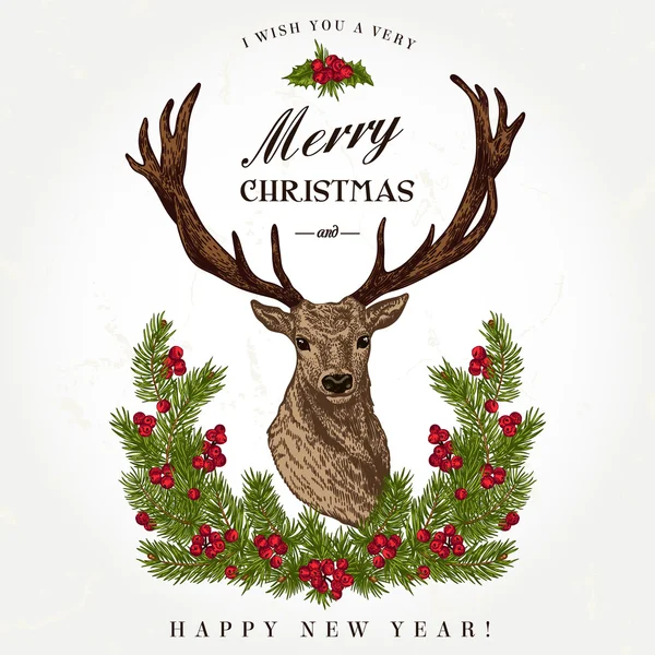 Tarjeta de Navidad con un ciervo — Vector de stock