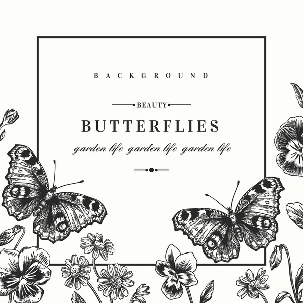 夏の花と、蝶フレーム — ストックベクタ