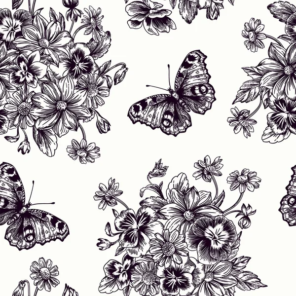 Motif sans couture avec des fleurs et des papillons — Image vectorielle