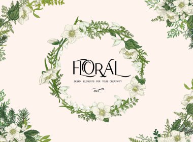 Çelenkli çiçek çerçevesi. Yeşillikli düğün davetiyesi. Rustik botanik etiketi.