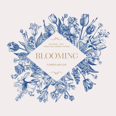 Mavili düğün davetiyesi. Bahçe yaz çiçekleri. Elmas çerçeve Vektör botanik çizimi. Sümbüller, laleler, ranunculiler, irisler, kümeler, şakayıklar..