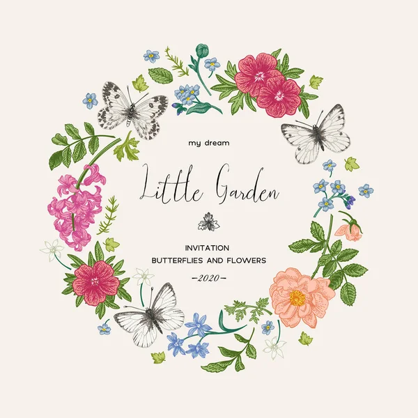 Koszorú Alakú Esküvői Meghívó Tavaszi Virágokkal Pillangókkal Kis Kert Csipkebogyó — Stock Vector