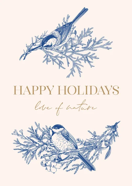 Kerstkaart Met Twee Vogels Takken Vector Botanische Illustratie Romantische Winterachtergrond — Stockvector