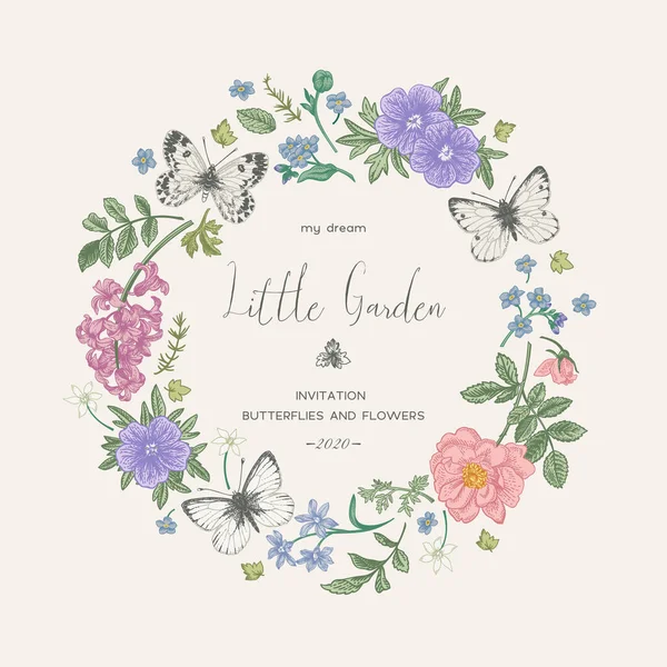 Wedding Invitation Flowers Butterflies Little Garden Floral Wreath Romantic Vintage — Stock Vector