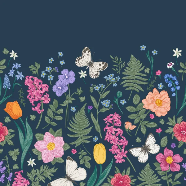Seamless Border Spring Summer Flowers Butterflies Whites Floral Pattern Dark — Stock Vector